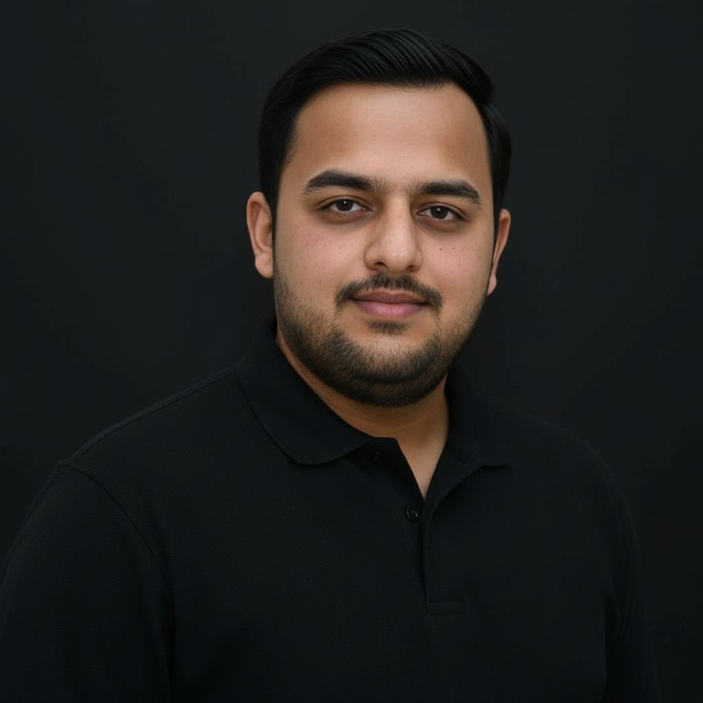 portrait picture of muhammad ahmad who is a known b2b content writer wearing black polo shirt with black background